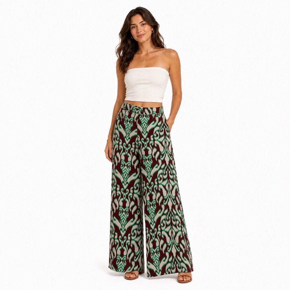 New Zara Palazzo Boho Flowy Wide Leg Pants Green Brown Print Sz XXL 100% Cotton